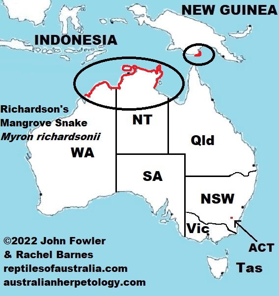Approximate distribution of Richardson's Mangrove Snake (Myron richardsonii)